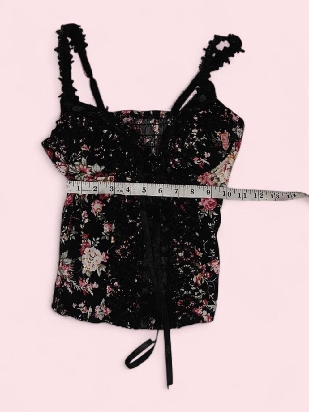 Black Floral Lace-Trim Cami with Pink Rose Print